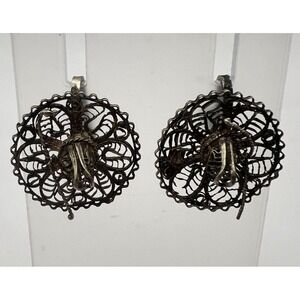 Vintage Israel Filigree Sombrero Screwback Earrings .75" Judaica Silver Detailed